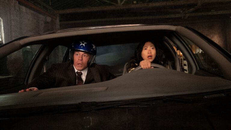 Awkwafina and John Cena in a scene from the movie "Jackpot!"